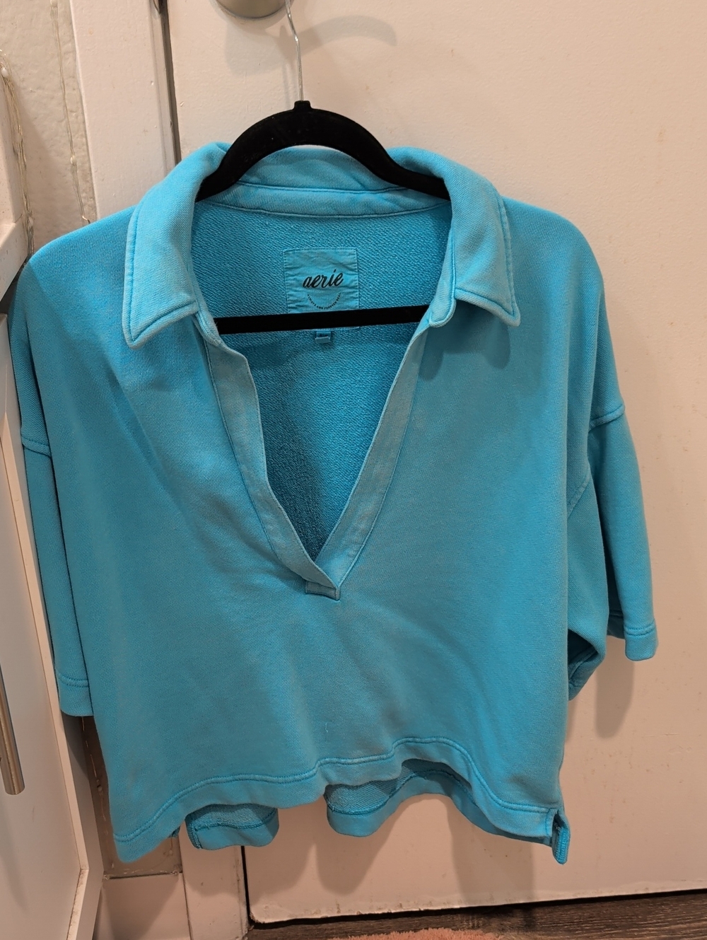 Aerie Cropped Polo-Style Top in Aqua Blue